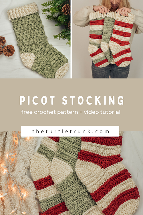 Pinterest pin for the Picot Stocking. Photos show a crochet Christmas stocking.