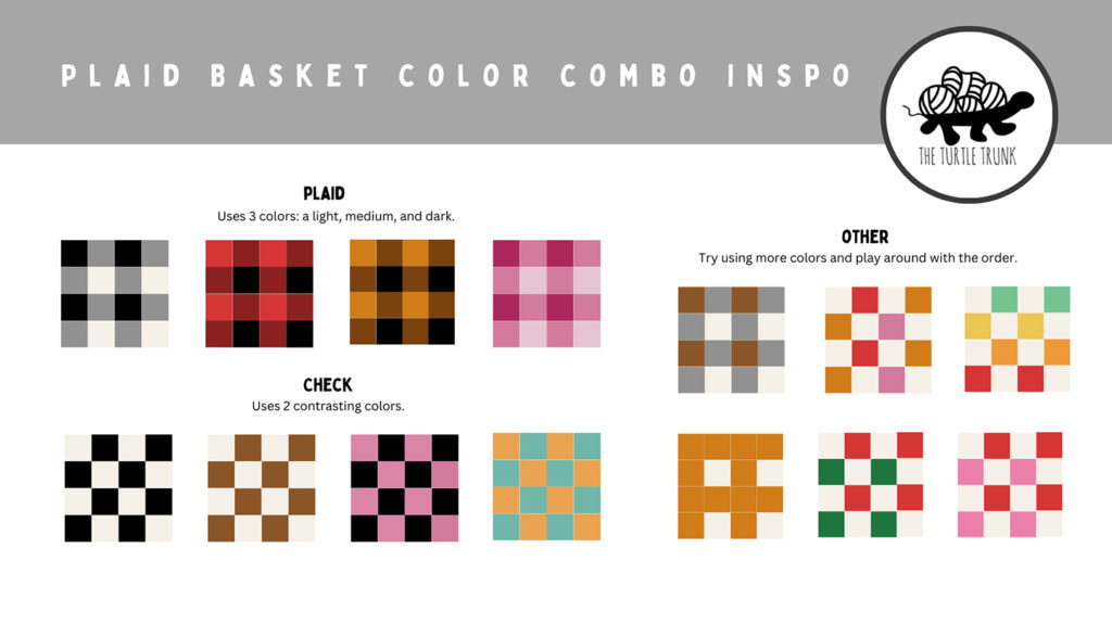 A color inspiration chart for plaid crochet baskets.