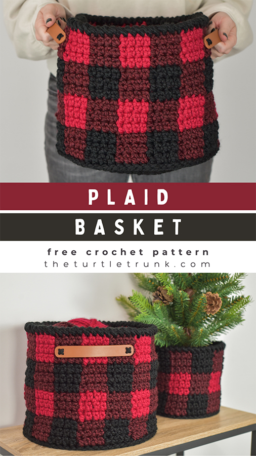 Pinterest pin for the Plaid Basket crochet pattern by The Turtle Trunk. Photo shows a woman holding a crochet plaid basket.