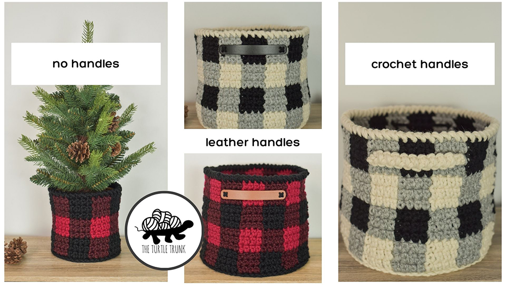 Plaid crochet baskets with leather handles and crochet handles.