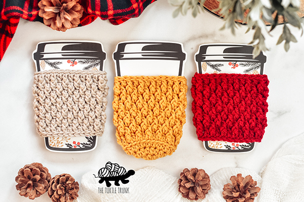 3 crochet coffee cup cozy's on paper cup templates.