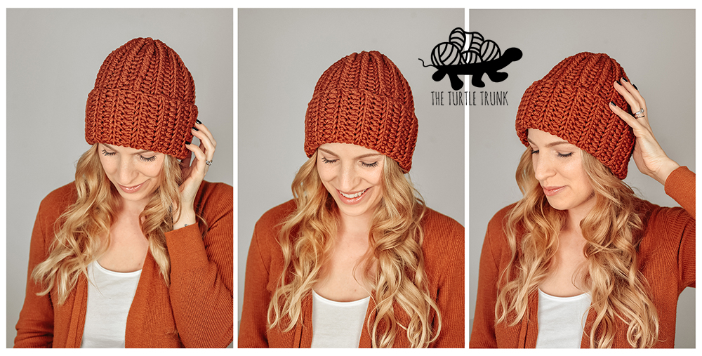 Woman wearing a crochet hat.