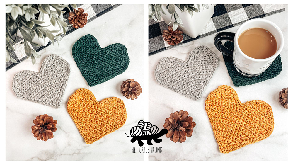 3 crochet heart shaped coasters on a white surface.