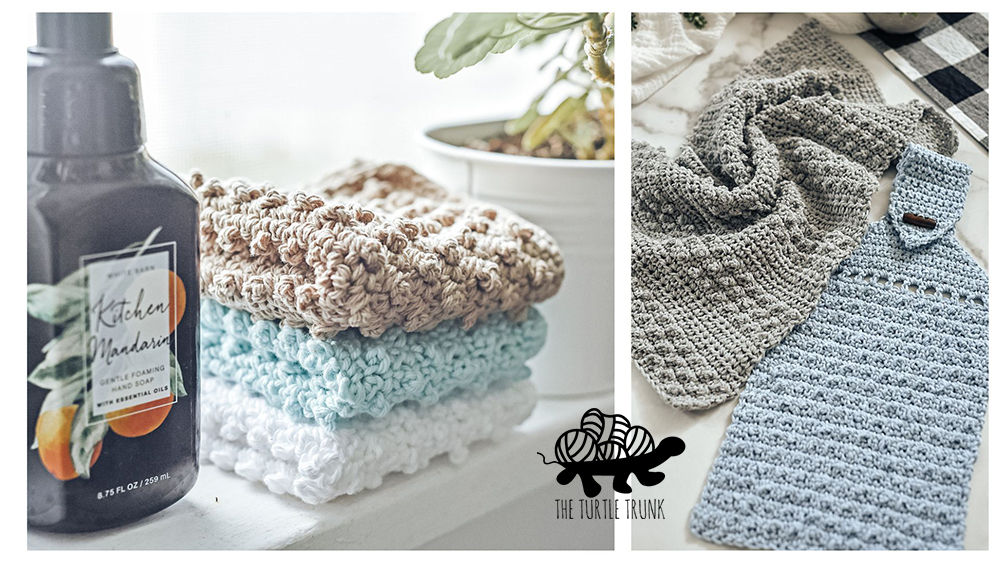 Crochet dishcloth, dish towel, and hanging towel.
