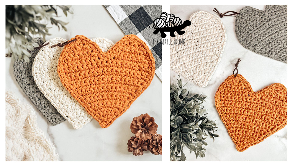 3 crochet heart shaped pot holders on a white surface.