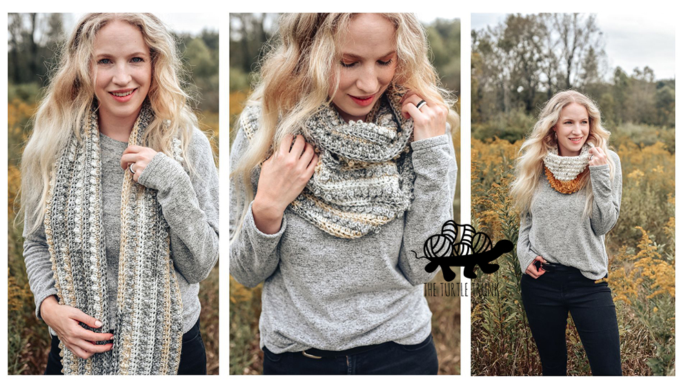 Woman wearing a crochet scarf.