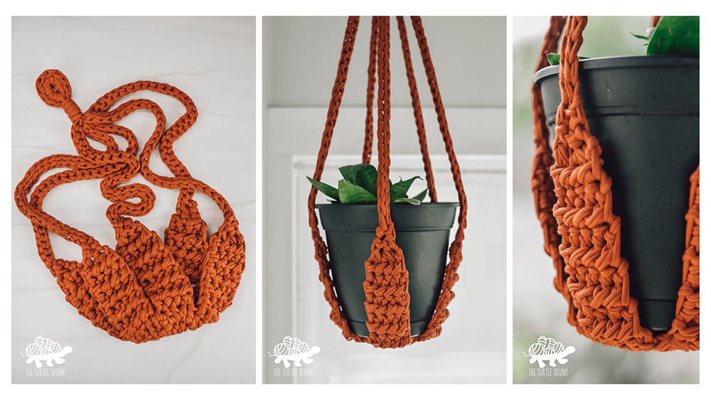 A crochet plant hanger.