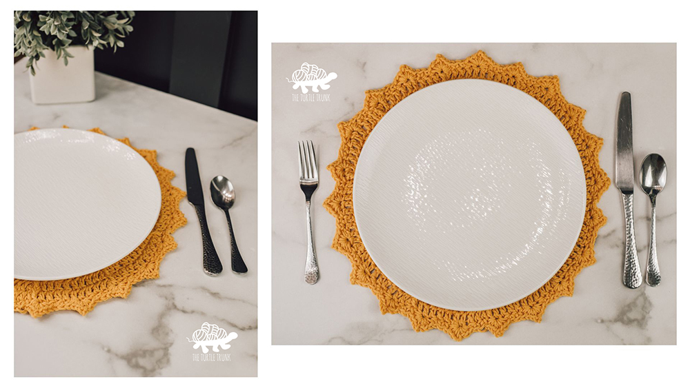 A round crochet placemat with a plate on top.