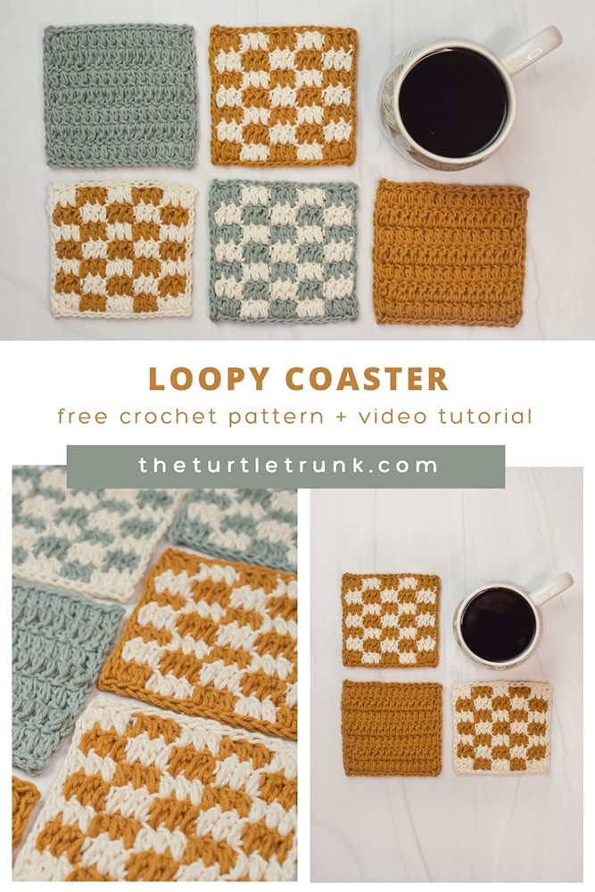 Pinterest pin for the Loopy Coaster crochet pattern by The Turtle Trunk. Photo shows yellow, white, and blue checkered crochet coasters on a white surface.