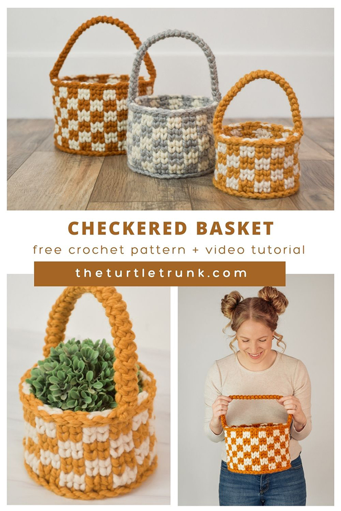 Pinterest pin for the Checkered Basket crochet pattern by The Turtle Trunk. Photo features crochet checkered baskets.