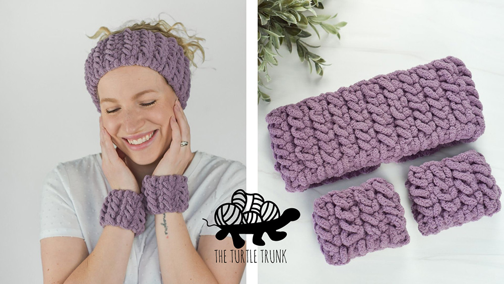 Woman wearing a crochet spa headband and wristbands.