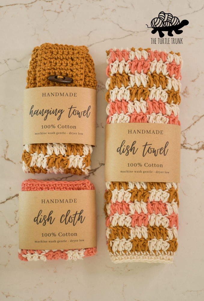 Crochet dish set with paper wrap labels.