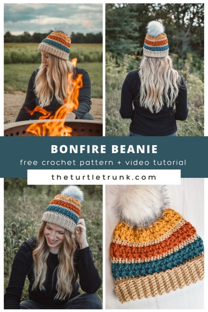 Pinterest pin for the Bonfire Beanie crochet pattern. Woman wearing a striped crochet beanie.