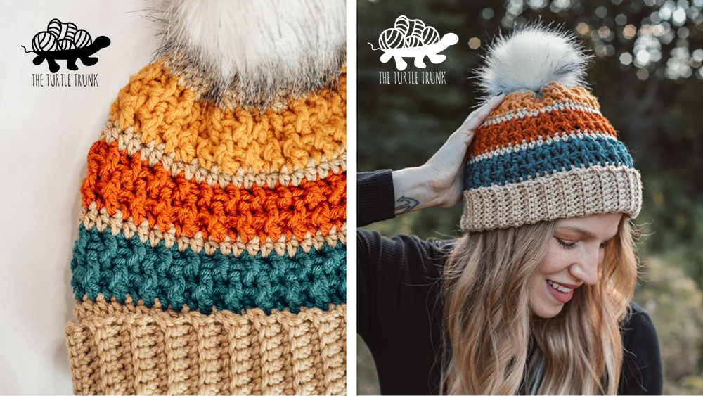 Woman wearing a crochet beanie.