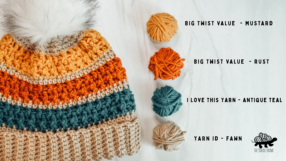 Yarn colors for the Bonfire Beanie crochet pattern by The Turtle Trunk.
