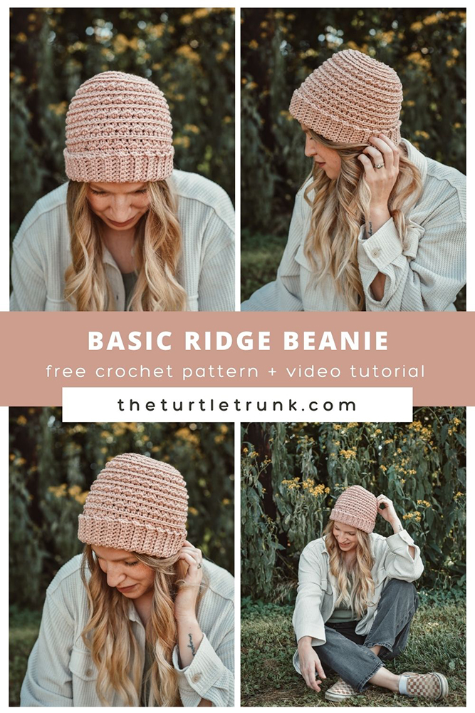 Pinterest pin for the Basic Ridge Beanie crochet pattern by The Turtle Trunk. Photo's show a woman wearing a light pink, crochet beanie.