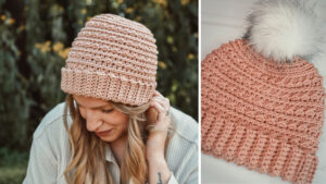 Woman wearing a pink crochet beanie.
