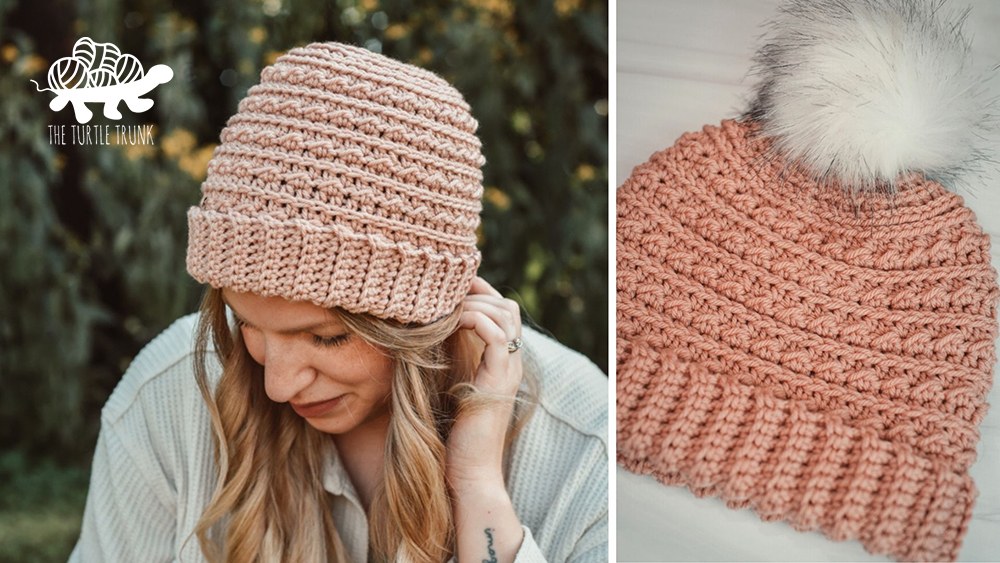 Woman wearing a pink crochet beanie.