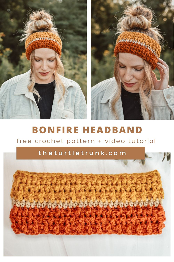 Pinterest pin for the Bonfire Headband crochet pattern. Photo shows a woman wearing a striped, crochet headband.