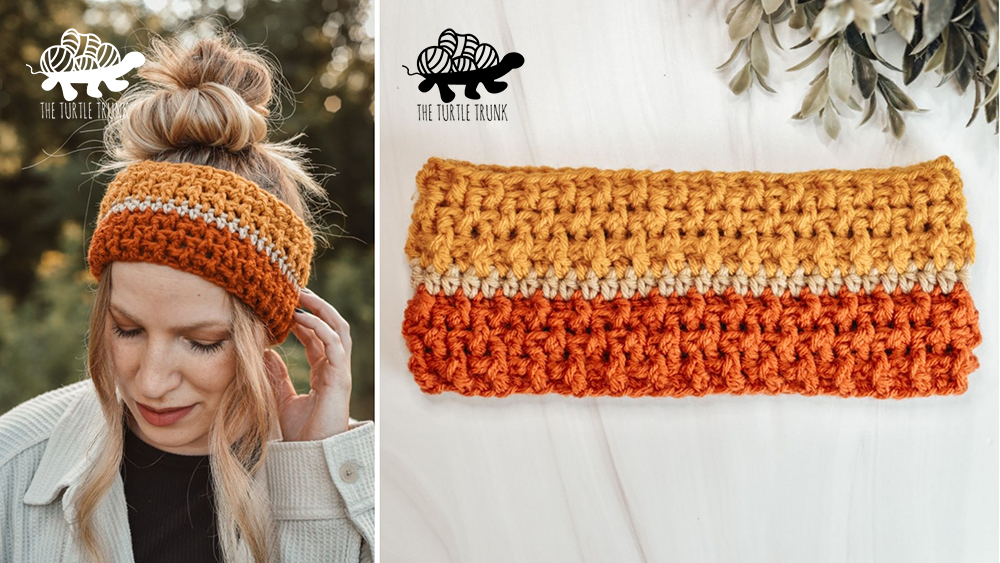 Woman wearing a striped crochet headband.