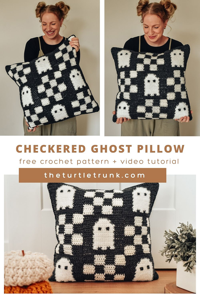 Pinterest pin for the Checkered Ghost Pillow crochet pattern by The Turtle Trunk. Photos show a woman holding a black and white, crochet pillow that features a checkered design with ghosts on it.