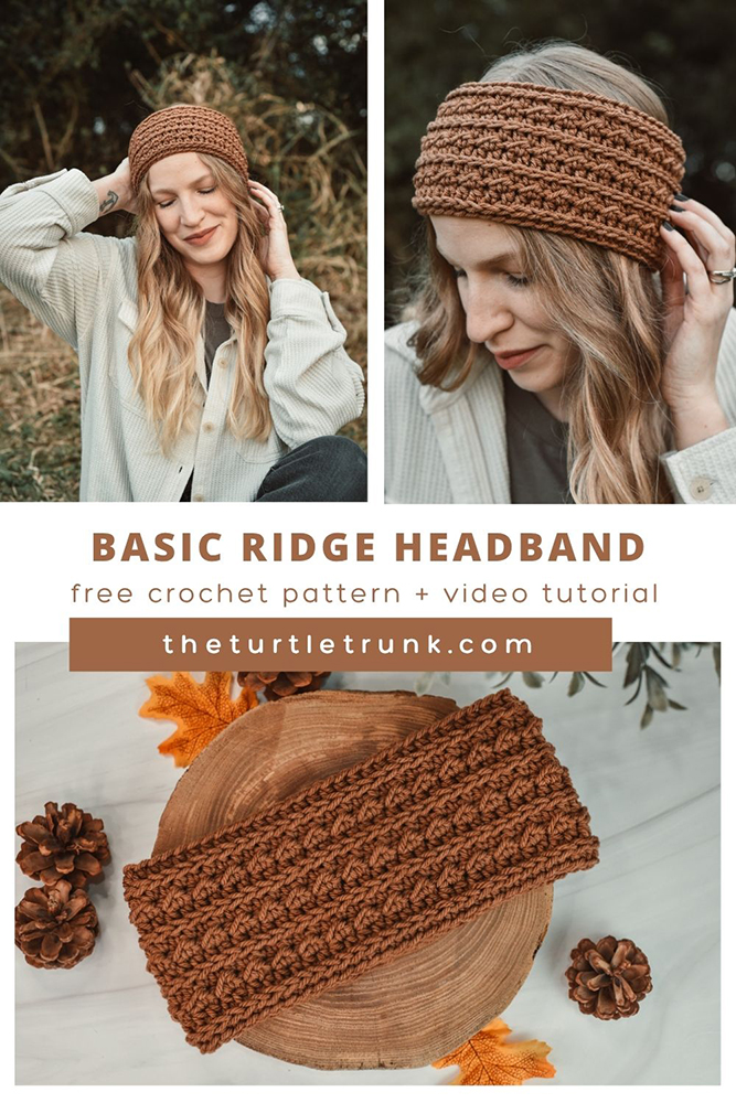 Woman wearing a brown, crochet headband. Pinterest pin for the Basic Ridge Headband crochet pattern by The Turtle Trunk.