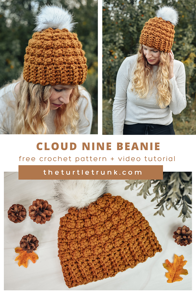 Pinterest pin for the Cloud Nine Beanie crochet pattern. Photo shows a woman wearing a chunky crochet beanie.