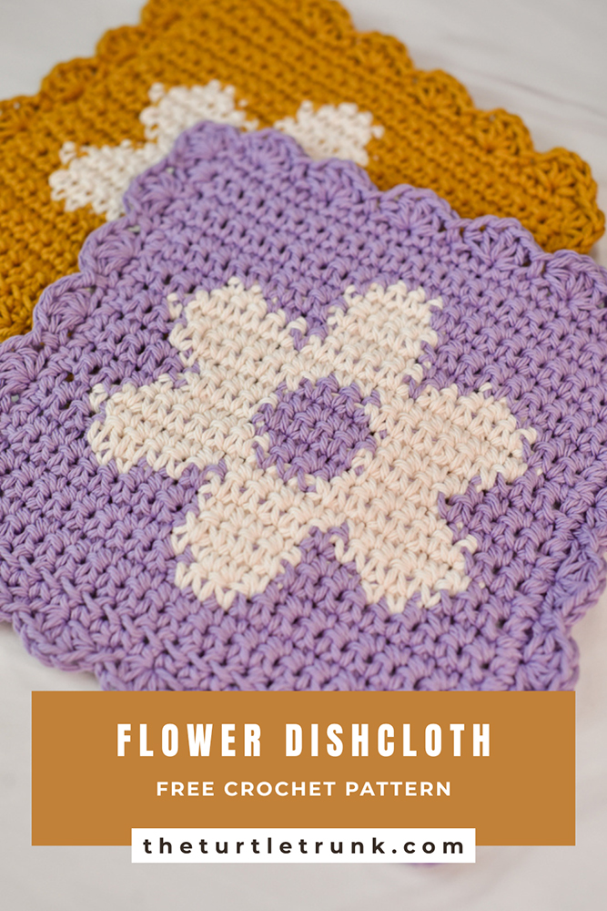 Photo shows a purple and white and a yellow and white crochet dishcloth with a flower design on it.