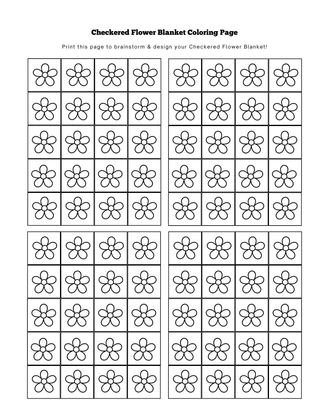 Coloring page for the Checker Flower Blanket crochet pattern by The Turtle Trunk.