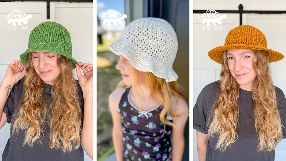 3 photos showing a woman wearing a green crochet bucket hat, a girl wearing a white crochet sun hat with a riffled brim, and the woman wearing a yellow crochet hat with a wide brim.