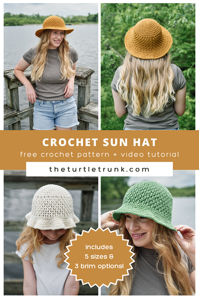 Pinteret pin for the Country Cottage Sun Hat crochet pattern by The Turtle Trunk. Pin shows 4 photos. 2 photos show a woman wearing a yellow, crochet sun hat with a wide brim. 1 photo shows a young girl wearing a white, crochet hat with a ruffled brim. 1 photo shows the women wearing a green, bucket styled, crochet hat.