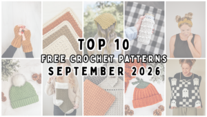 Collage of crochet patterns by The Turtle Trunk. Collage shows 10 most popular crochet patterns for September.